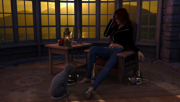 Картинка 3д+графика люди+и+животные+ people+and+animals взгляд кот фон девушка