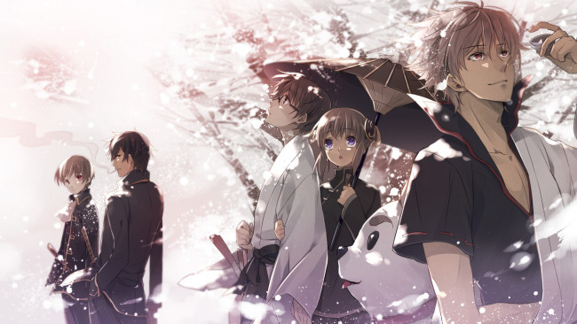 Обои картинки фото аниме, gintama, взгляд, фон, парни