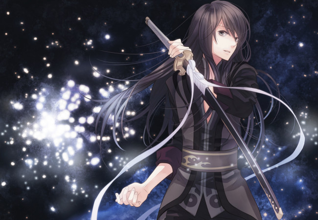 Обои картинки фото аниме, tales of vesperia, парень, меч, катана, блики