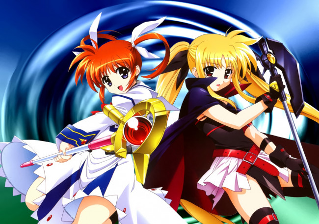 Обои картинки фото аниме, mahou shoujo lyrical nanoha, взгляд, фон, девушки