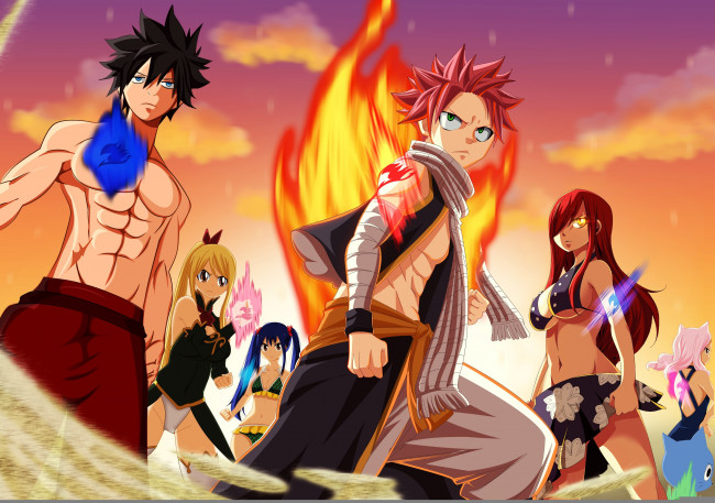 Обои картинки фото аниме, fairy tail, fairy, tail, happy, erza, scarlet, dragon, slayer