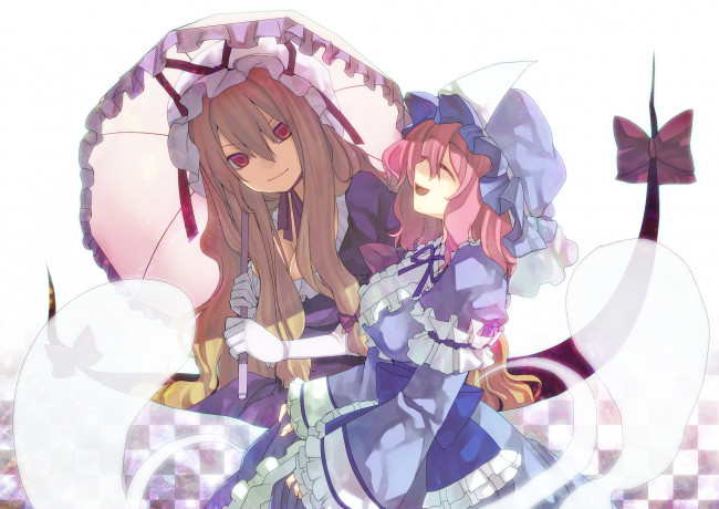 Обои картинки фото аниме, touhou, взгляд, фон, девушки