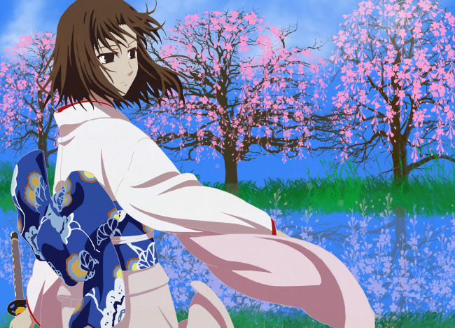 Обои картинки фото аниме, kara no kyokai, девушка, фон, взгляд