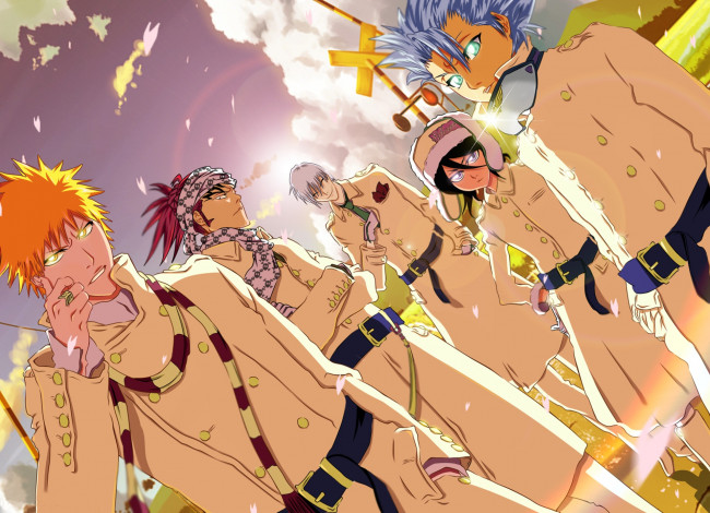 Обои картинки фото аниме, bleach, rukia, kuchiki, toshiro, hitsugaya, ichigo, kurosaki, shinigami, gin, ichimaru, anime, renji, abarai