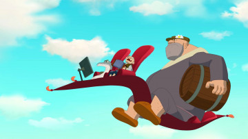 обоя мультфильмы, иван царевич и серый волк 3, ковер, люди, рыба, бочка, полет, облака