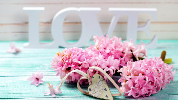 Картинка праздничные день+святого+валентина +сердечки +любовь гиацинты надпись сердечко