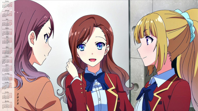 Обои картинки фото календари, аниме, девочка, разговор, трое