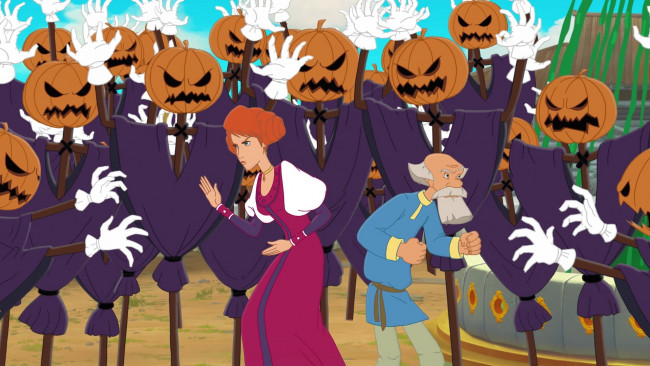 Обои картинки фото мультфильмы, иван царевич и серый волк 3, девушка, дедушка, тыква, оборона