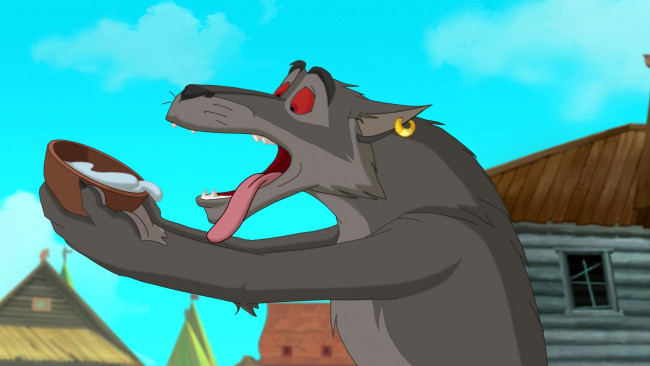 Обои картинки фото мультфильмы, иван царевич и серый волк 3, миска, волк, жажда