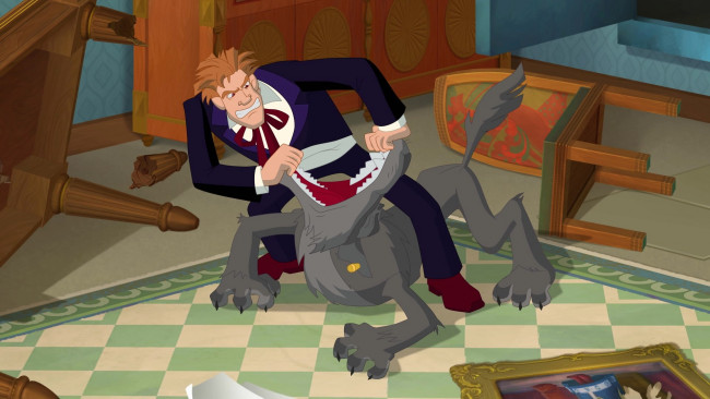 Обои картинки фото мультфильмы, иван царевич и серый волк 3, мужчина, волк, драка, эмоции, стул