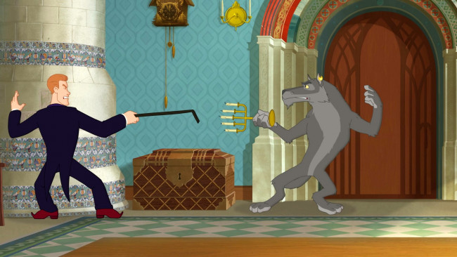 Обои картинки фото мультфильмы, иван царевич и серый волк 3, мужчина, волк, профиль, эмоции, дуэль, кочерга