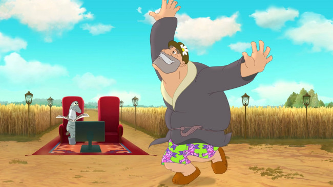 Обои картинки фото мультфильмы, иван царевич и серый волк 3, мужчина, танец, рыба, фонарь, природа, кепка