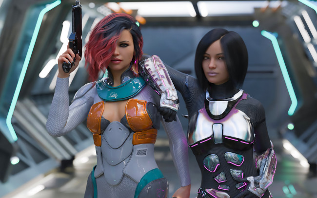 Обои картинки фото 3д графика, фантазия , fantasy, фон, взгляд, девушки