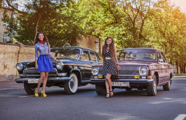 Обои картинки фото газ волга, автомобили, -авто с девушками, девушки, газ-21, газ-24, волга