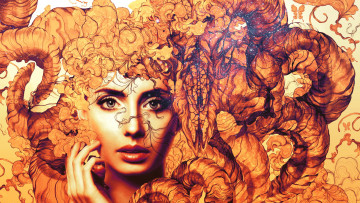 Картинка фэнтези фотоарт череп рога лицо девушка