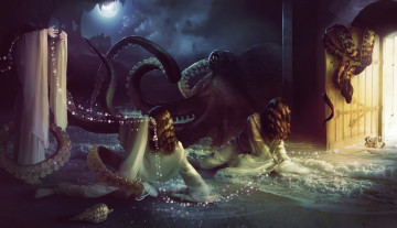 Картинка фэнтези существа осьминог фон девушки