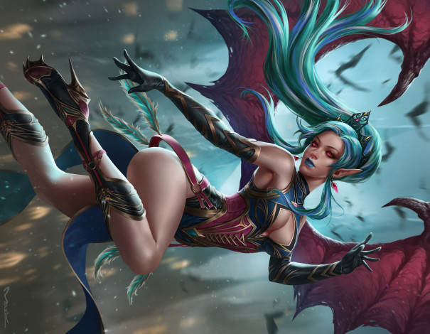 Обои картинки фото фэнтези, вампиры, взгляд, полет, поза, крылья, арт, красные, глаза, суккуб, succubus