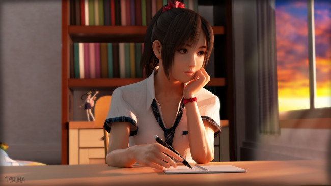 Обои картинки фото 3д графика, люди , people, фон, взгляд, девушка