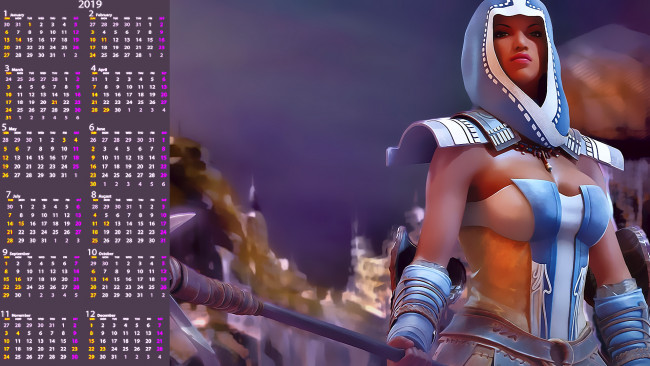 Обои картинки фото календари, видеоигры, оружие, капюшон, девушка