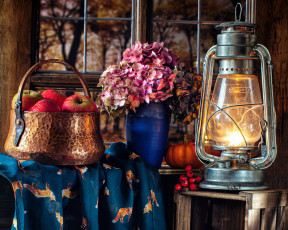 Картинка еда натюрморт лампа гортензия яблоки