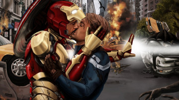 Картинка рисованное кино +мультфильмы мстители тони старк стив роджерс поцелуй