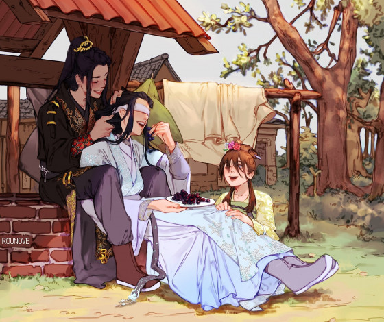 Обои картинки фото сюэ ян и сяо синчень, аниме, mo dao zu shi, сюэ, ян, сяо, синчень, а-цин, двор, тарелка, ягоды