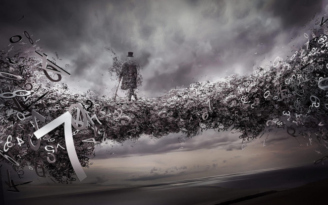 Обои картинки фото 3д графика, фантазия , fantasy, фигура, шляпа, трость, мост, цифры