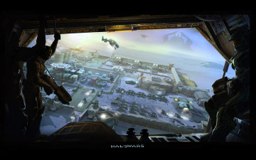 обоя видео игры, halo wars, транспортер, солдаты, полет, панорама
