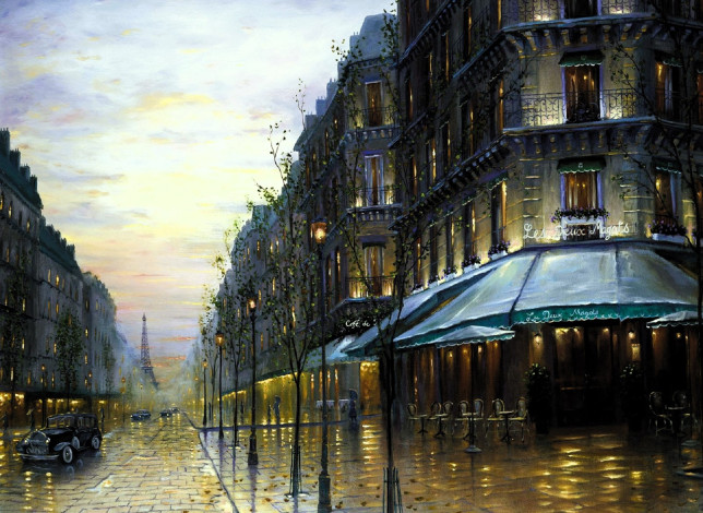 Обои картинки фото рисованное, robert finale, город, дома, здания, улица, деревья, транспорт, осень