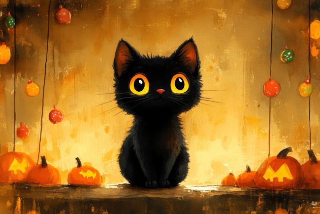 Обои картинки фото рисованное, праздники, котенок, тыквы, хэллоуин