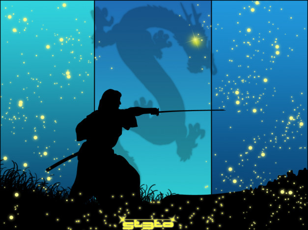 Обои картинки фото ночной, самурай, векторная, графика