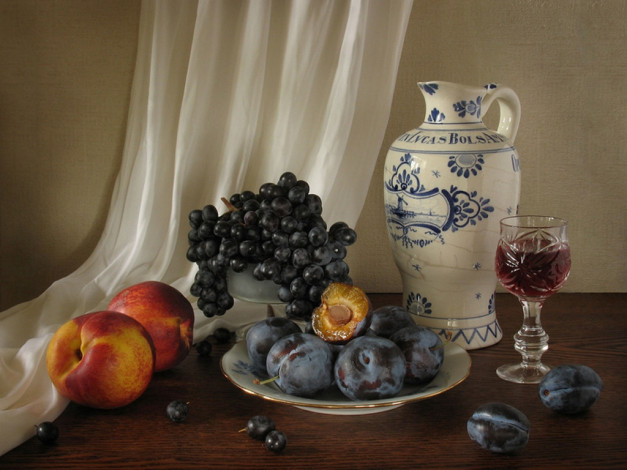 Обои картинки фото harumi, saito, натюрморт, классический, №2, со, сливами, нектаринами, еда