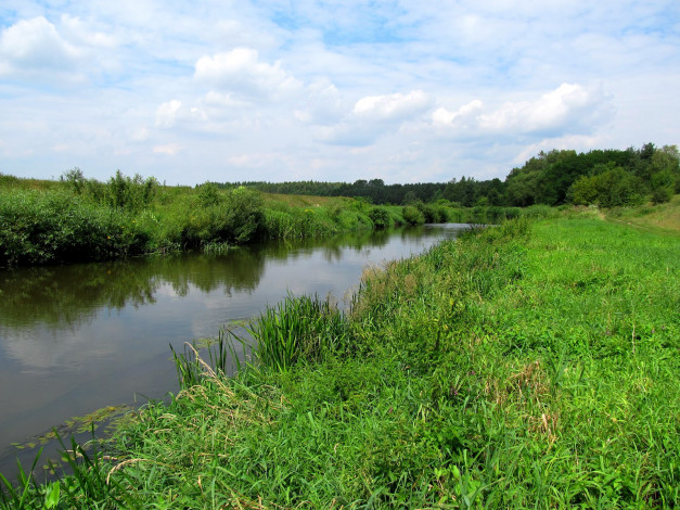 Обои картинки фото природа, реки, озера, луг, река, облака