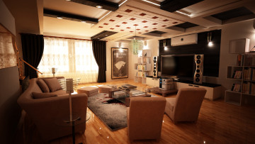 Картинка 3д графика realism реализм стол диван книги