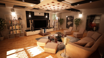 обоя 3д, графика, realism, реализм, стол, книги, диван