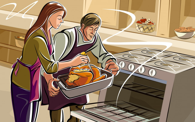 Обои картинки фото рисованные, люди, кухня