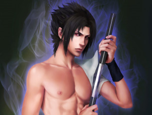 Картинка аниме naruto шаринган катана учиха саске парень арт