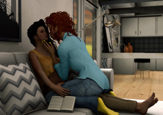 Картинка 3д+графика люди+ people девушки взгляд диван ласки книга