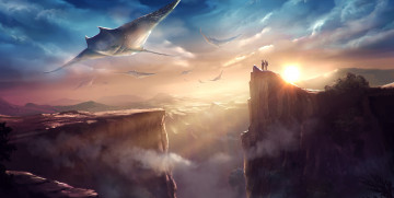 Картинка фэнтези иные+миры +иные+времена солнце art рыба скаты пейзаж силуэты закат люди скалы горы