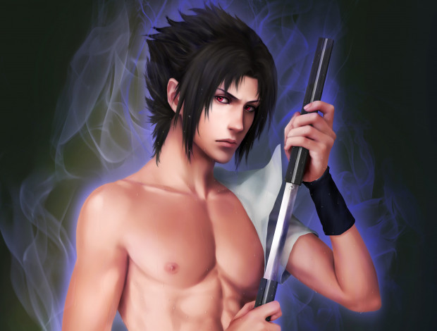 Обои картинки фото аниме, naruto, шаринган, катана, учиха, саске, парень, арт