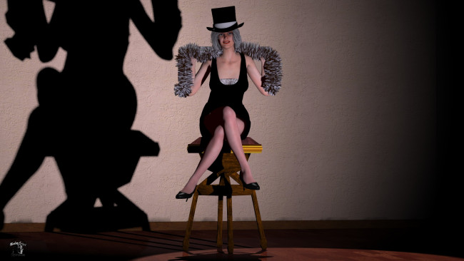 Обои картинки фото 3д графика, люди , people, клыбка, стена, шляпа, девушка, тень, взгляд, фон, шарф