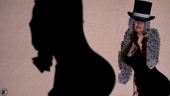 Обои картинки фото 3д графика, люди , people, шляпа, стена, фон, шарф, тень, клыбка, взгляд, девушка