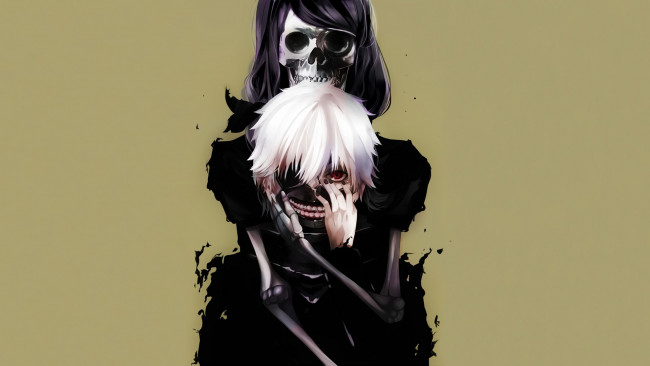 Обои картинки фото аниме, tokyo ghoul, tokyo, ghoul, токийский, гуль, ken, kaneki, kamishiro, rize, скелет, парень, маска, красный, глаз