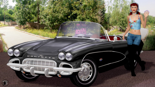 Обои картинки фото автомобили, 3d car&girl, платок, сапоги, фон, автомобиль, взгляд, девушка