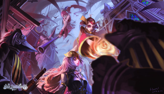 Обои картинки фото аниме, pixiv fantasia, pixiv, существа, часыоружие, здания, небо, девушки, арт, flaurel, fantasia