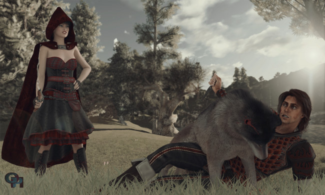 Обои картинки фото 3д графика, фантазия , fantasy, мужчина, девушка, взгляд, природа, волк, оружие