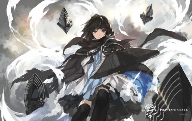Обои картинки фото аниме, pixiv fantasia, брюнетка, взгляд, оружие, pixiv, fantasia, paradise, pffk, swd3e2, арт, девушка