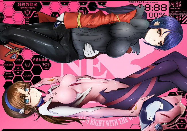 Обои картинки фото аниме, evangelion, neon, genesis, katsuragi, девушки, лежат, костюмы, misato, makinami, mari, illustrious
