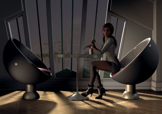 Обои картинки фото 3д графика, люди , people, девушка, взгляд, стулья, стол, чашка