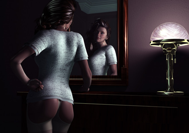 Обои картинки фото 3д графика, люди , people, зеркало, фон, взгляд, девушка